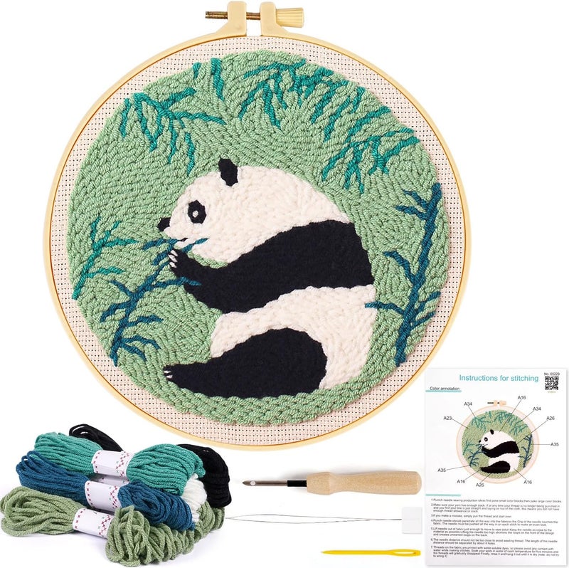 KESTAR Punch Needle Embroidery Starter Kits, Panda Bamboo Punch Needle Kits for Adults Beginner, Needle Punch Kit Tool with Instruction Threader Fabric Yarns and Hoop - Image 1